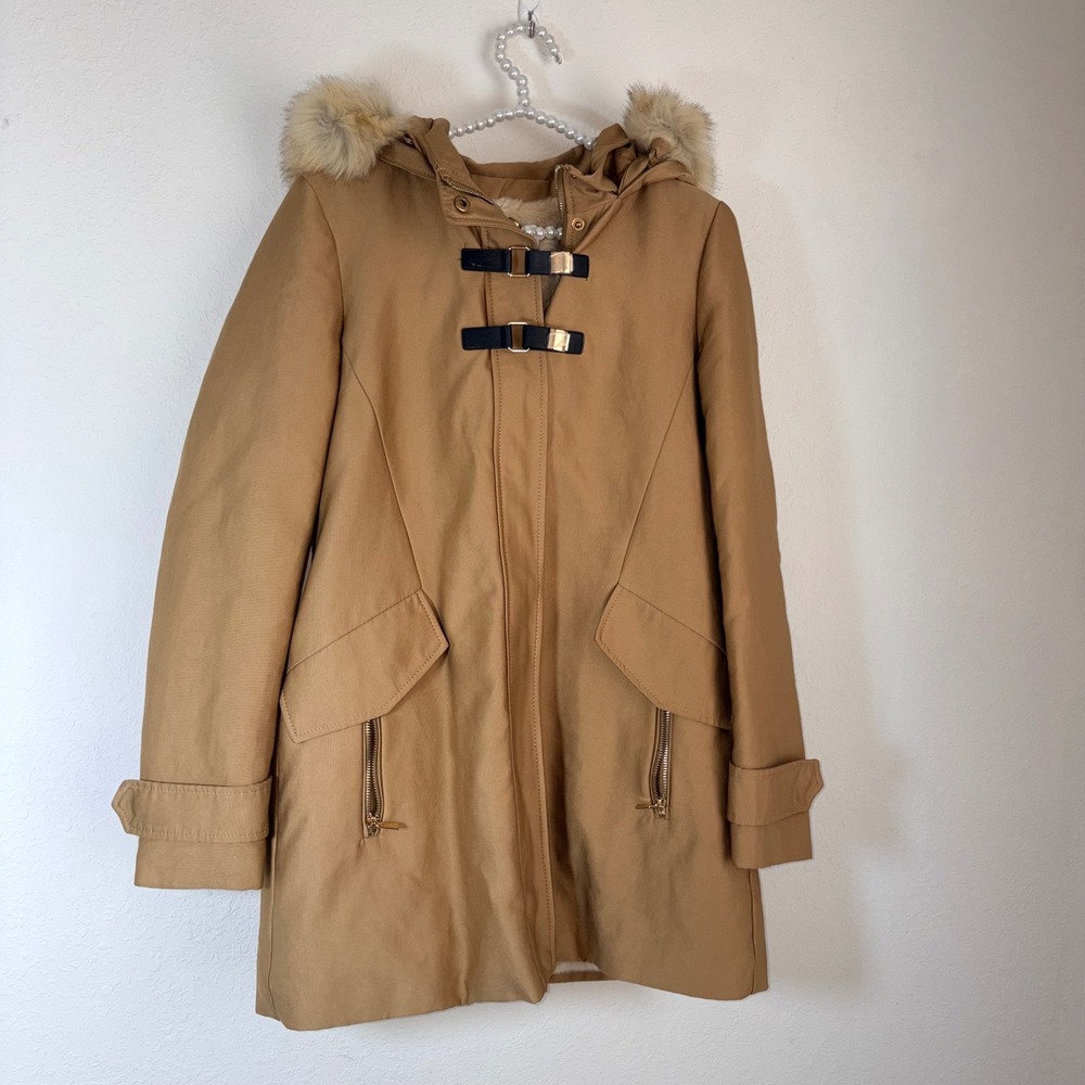 Mango Suit Parka Jacket XS Tan  Faux Fur Hood Toggle Zip Coat